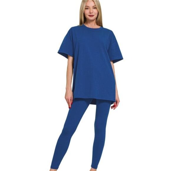 Zenana Cotton Round Neck Top & Legging Set - Picture 1 of 3